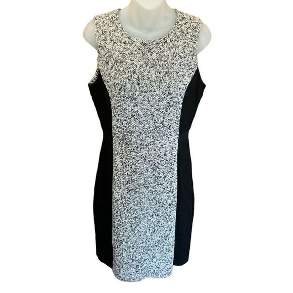 Calvin Klein Midi Sheath Dress Tweed Round Neck Black White Zip Back Back Slit 8 - Picture 1 of 11